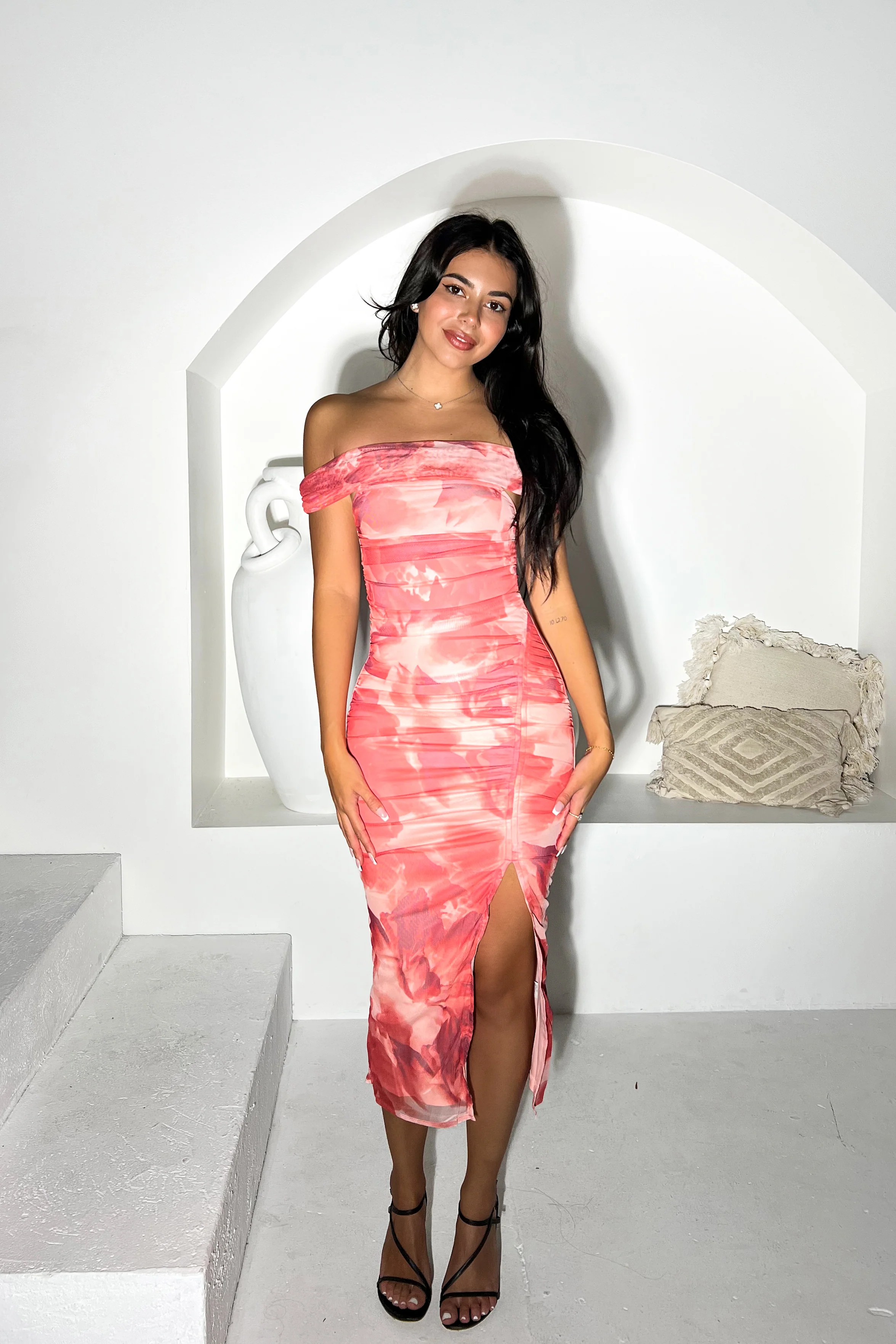 Chic Coral Off-Shoulder Dress