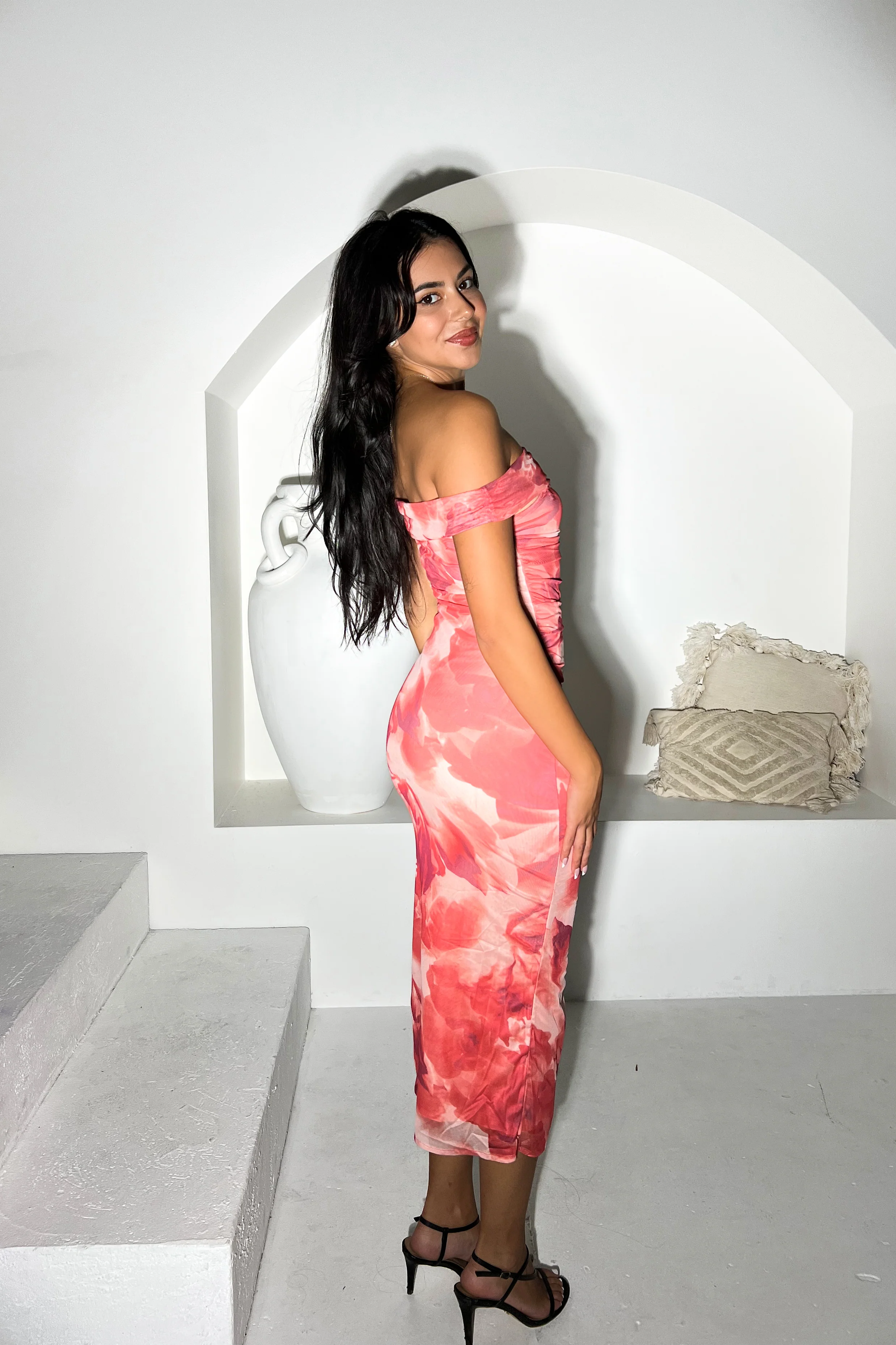 Chic Coral Off-Shoulder Dress